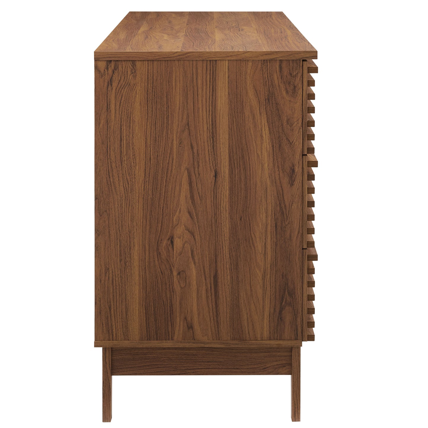 Walnut mid-century dresser on slender legs, vertical wood grain, flat top, ladder-style slatted side detail.