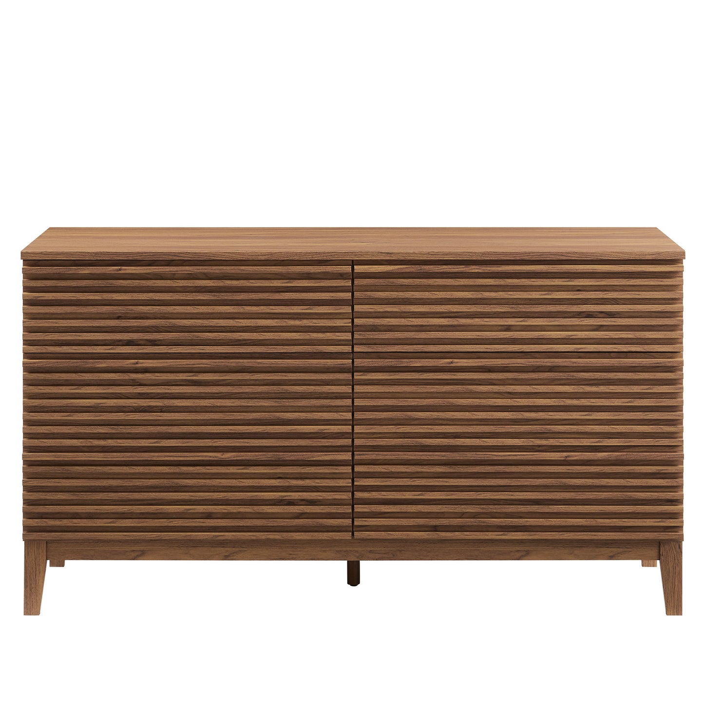Walnut-finish six-drawer dresser with a low-profile, mid-century design.