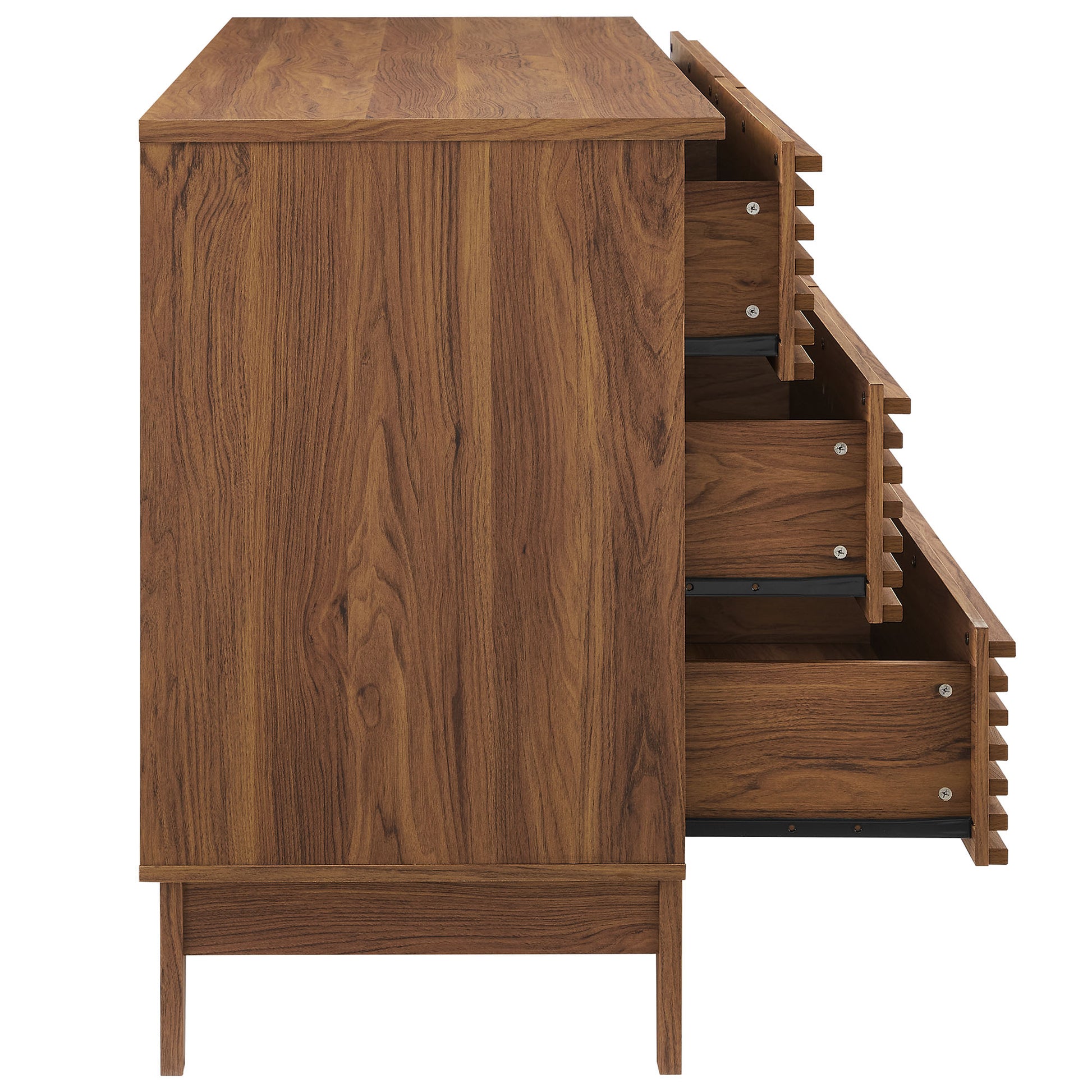 Walnut-finished mid-century modern 6-drawer dresser with tapered legs.