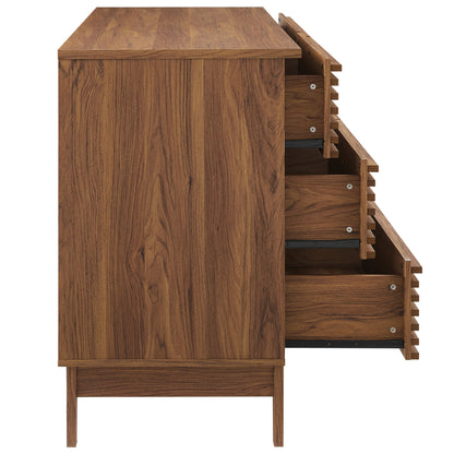 Walnut-finished mid-century modern 6-drawer dresser with tapered legs.