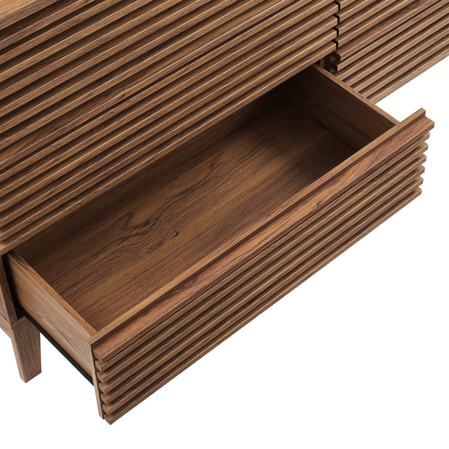 Walnut-brown six-drawer dresser with visible wood grain.
