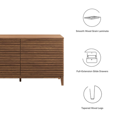 Walnut wood grain laminate dresser with horizontal slats, 6 drawers with full-extension slides, tapered legs.