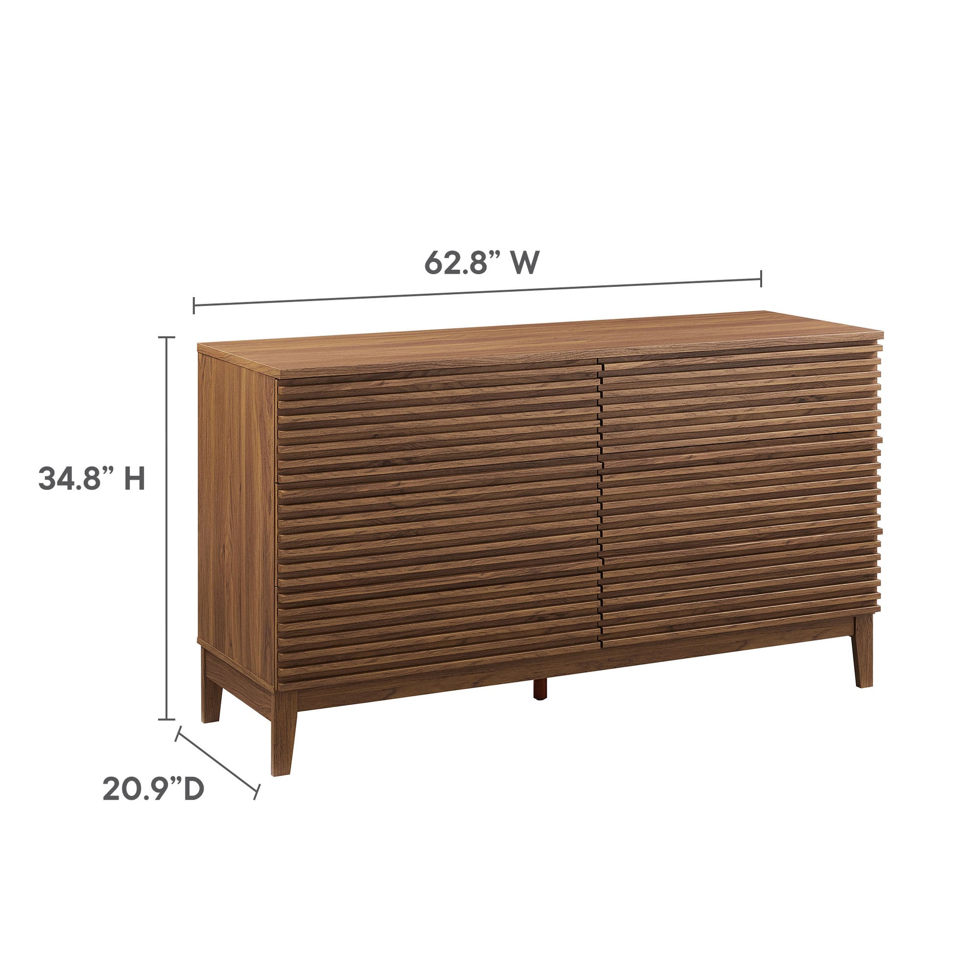 Walnut-finish sideboard with slatted two-door front, mid-century modern style, 62.8W x 34.8H x 20.9D, on tapered legs.