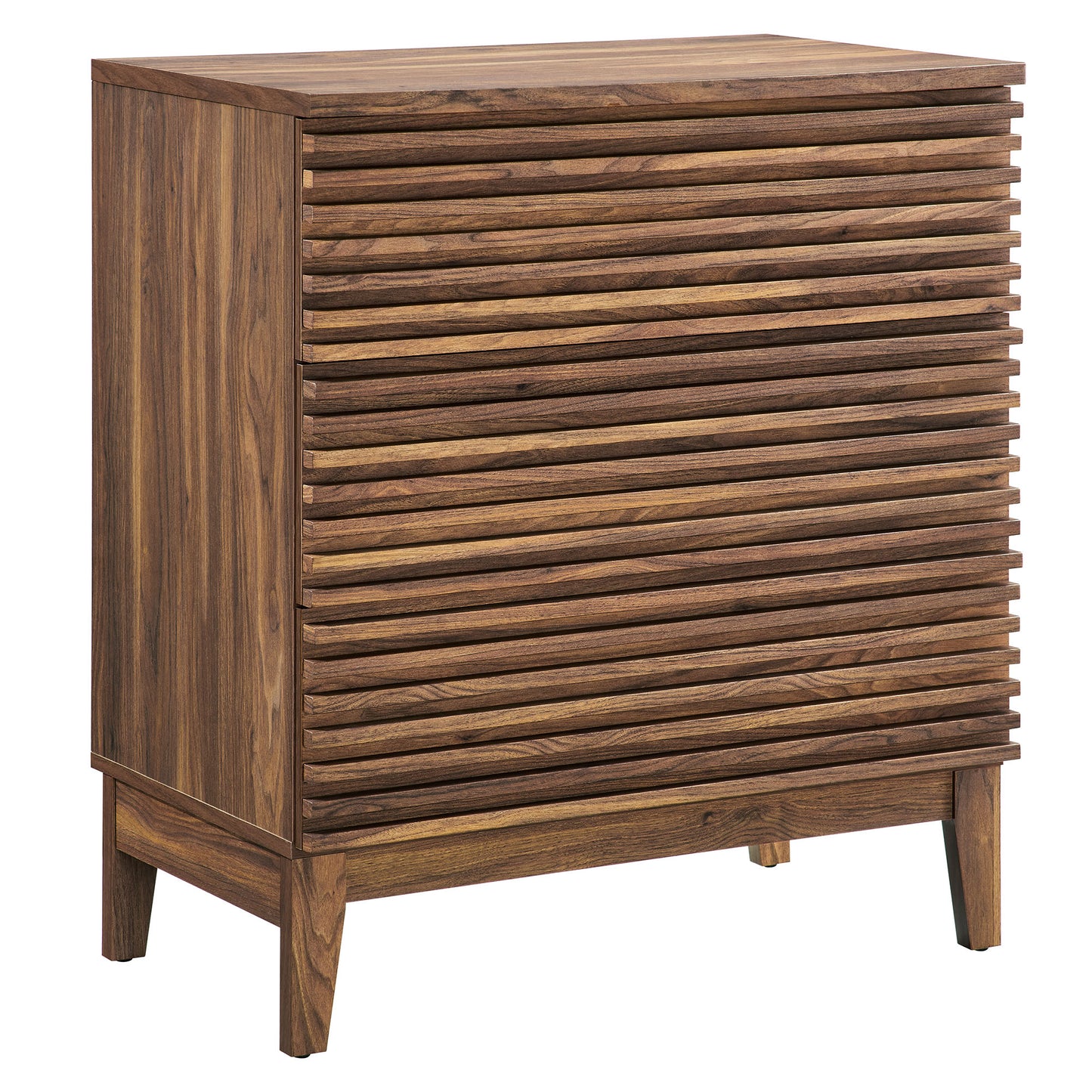 Walnut wood nightstand with three drawers on tapered legs in mid-century style.