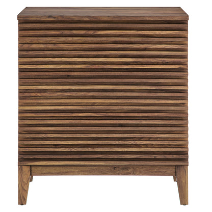 Walnut-finish 3-drawer nightstand with a mid-century modern rectangular silhouette on short legs.