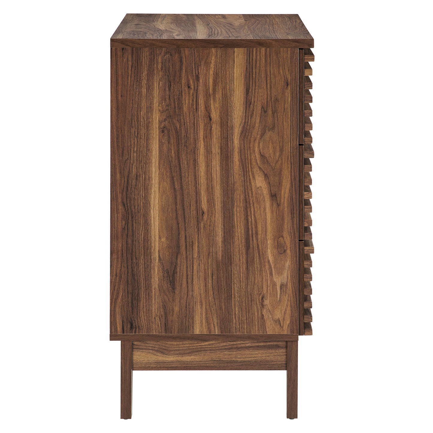 Walnut-finish wood nightstand with three drawers and raised legs.