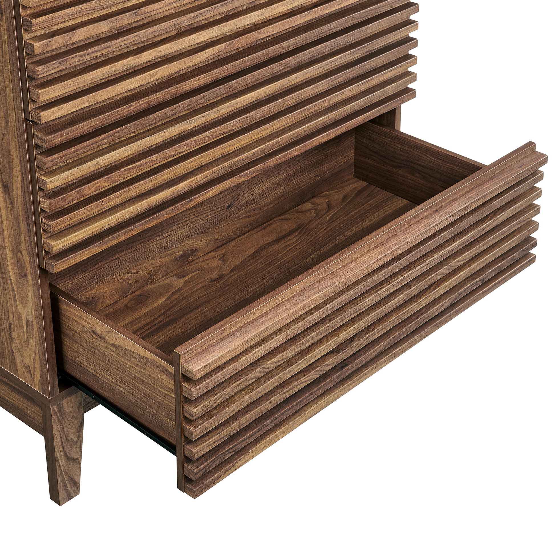 Walnut-finish 3-drawer nightstand with ribbed slatted-front drawers; top drawer open to reveal wood grain interior.