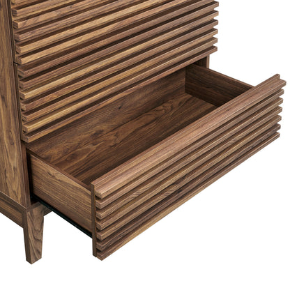 Walnut-finish 3-drawer nightstand with ribbed slatted-front drawers; top drawer open to reveal wood grain interior.
