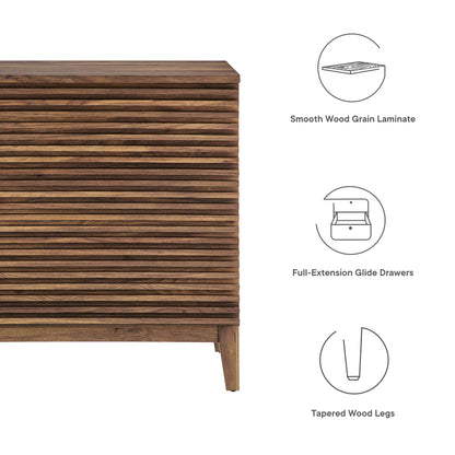 Walnut wood nightstand with three full-extension drawers and tapered legs.