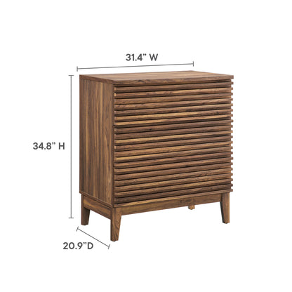 Walnut-finish wooden cabinet with horizontal slats, mid-century modern side table on tapered legs, 31.4W x 34.8H x 20.9D.