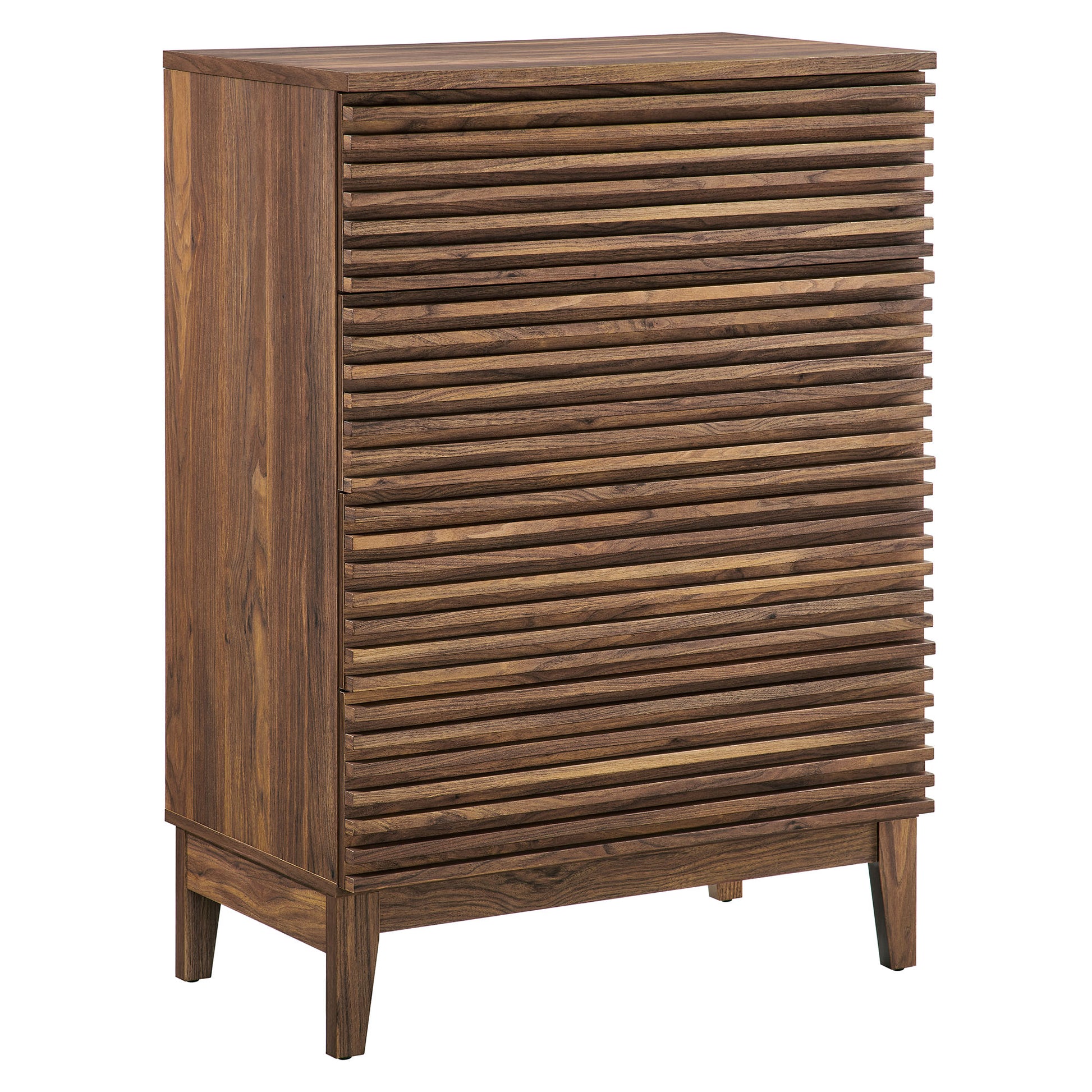 Walnut-finish wooden four-drawer chest on short legs.