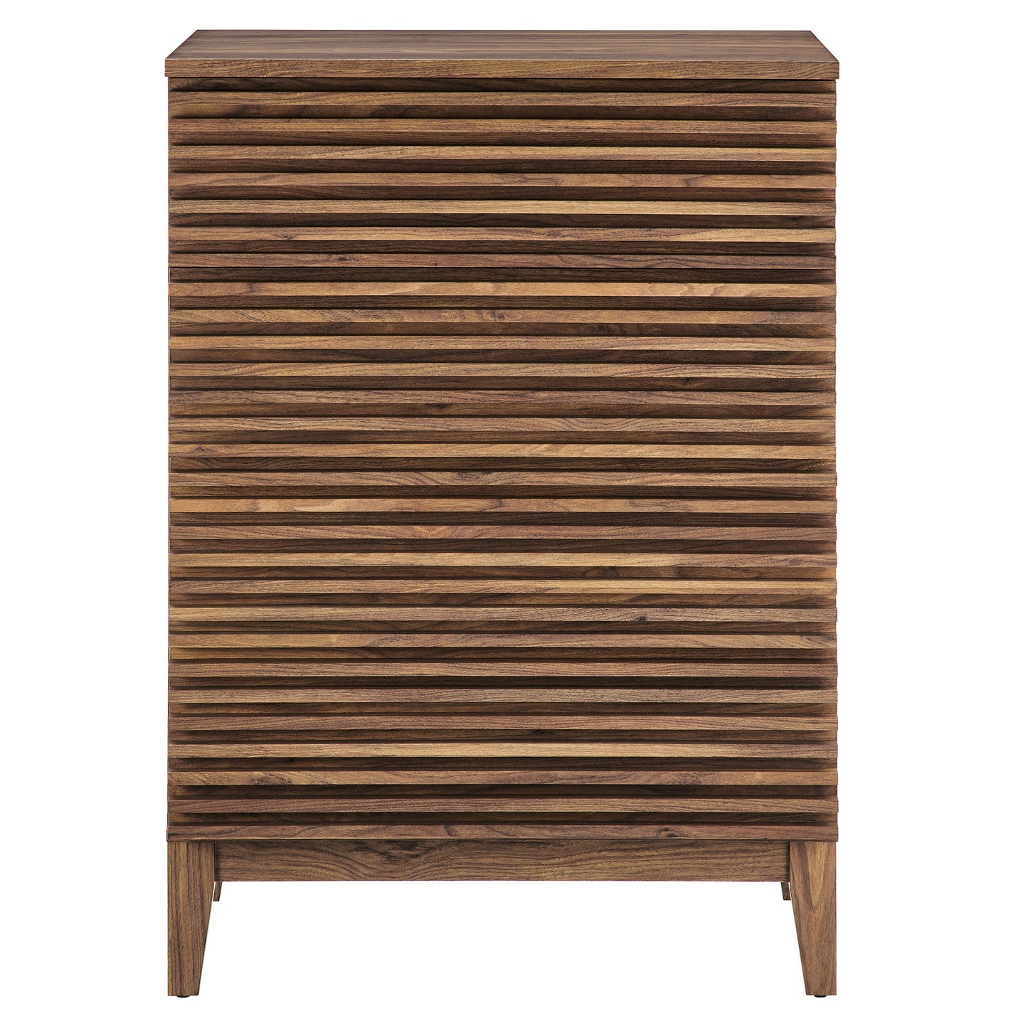 Walnut-finish wood 4-drawer chest on short legs.