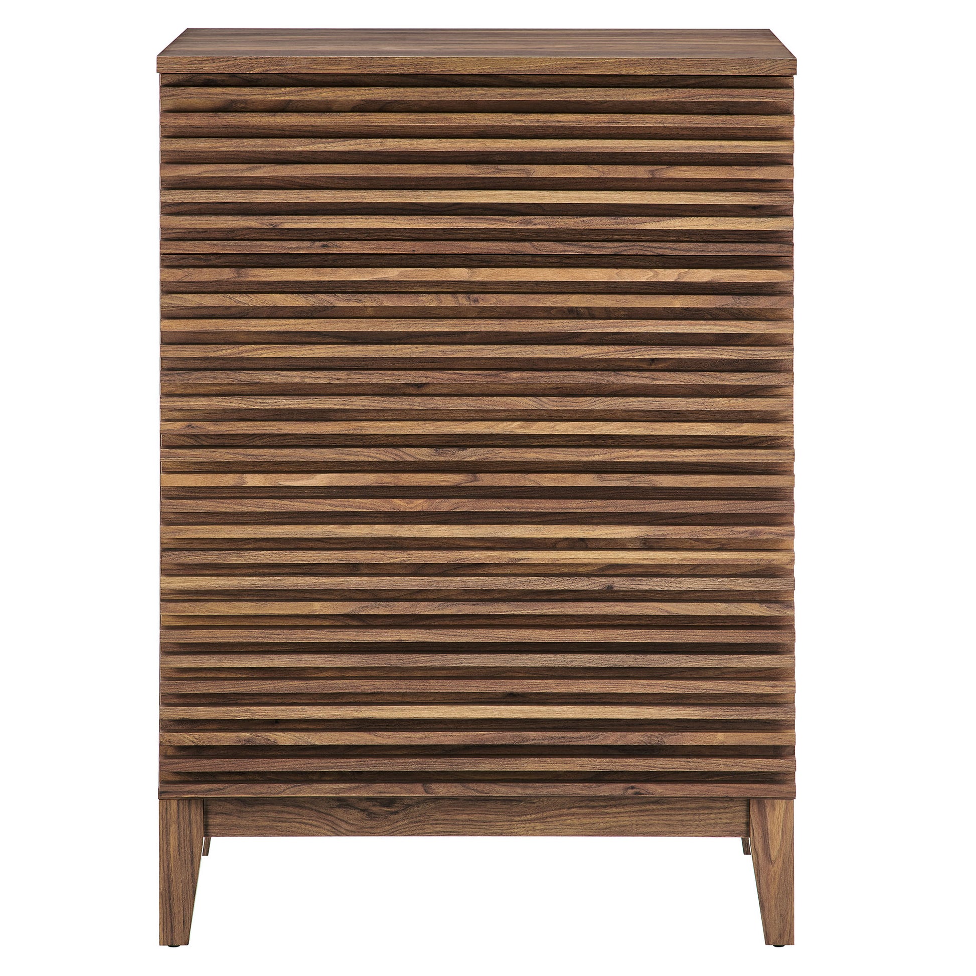 Walnut-finish wood 4-drawer chest on short legs.
