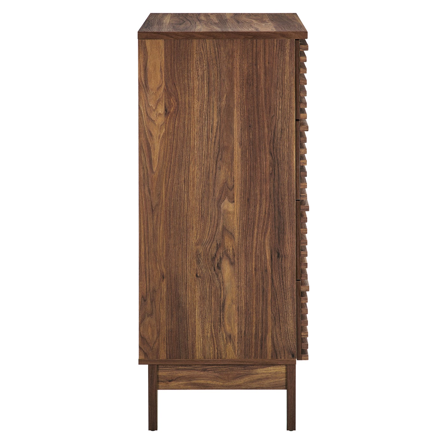 Walnut-finished 4-drawer chest with a slim, mid-century-inspired silhouette and slender legs.