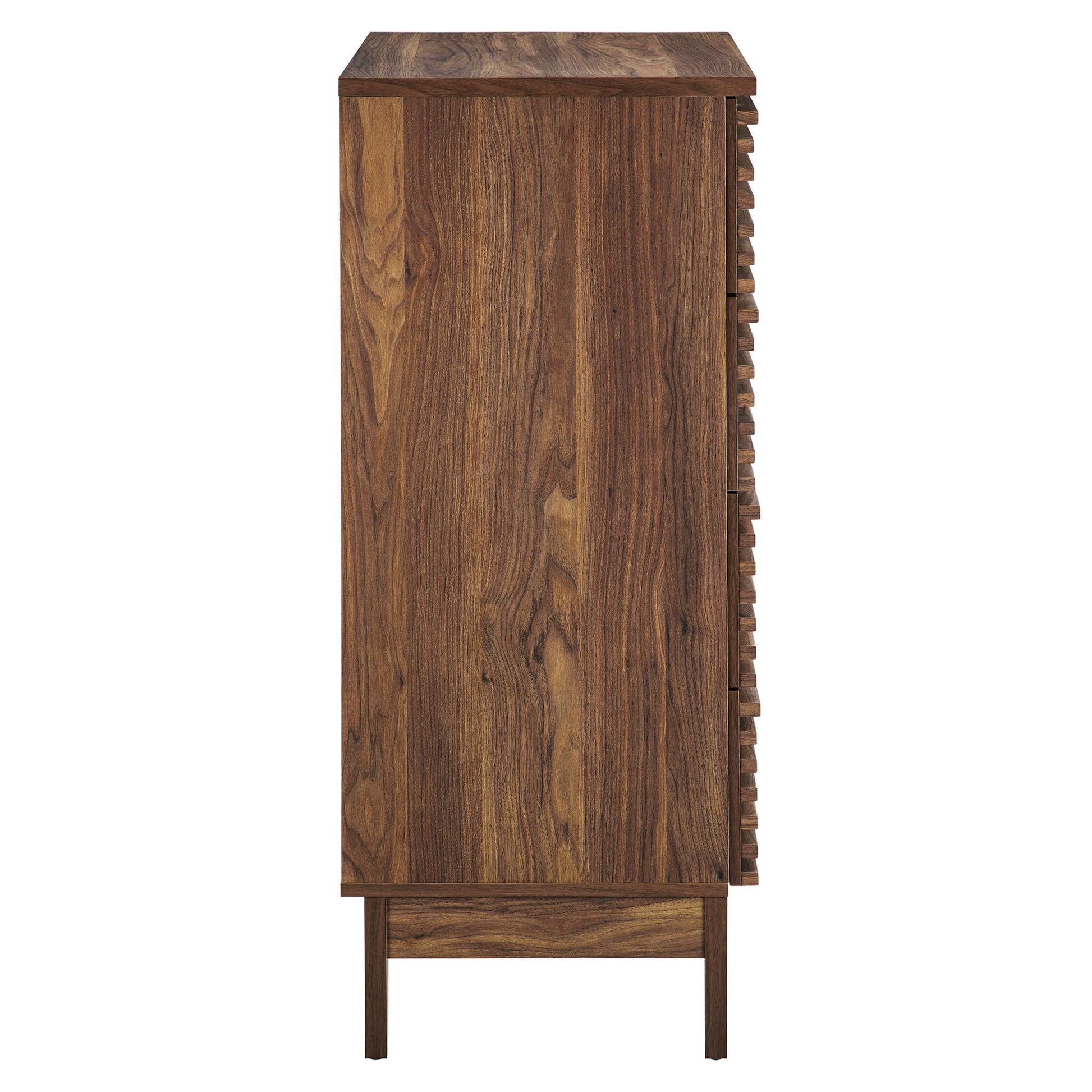Walnut-finished 4-drawer chest with a slim, mid-century-inspired silhouette and slender legs.