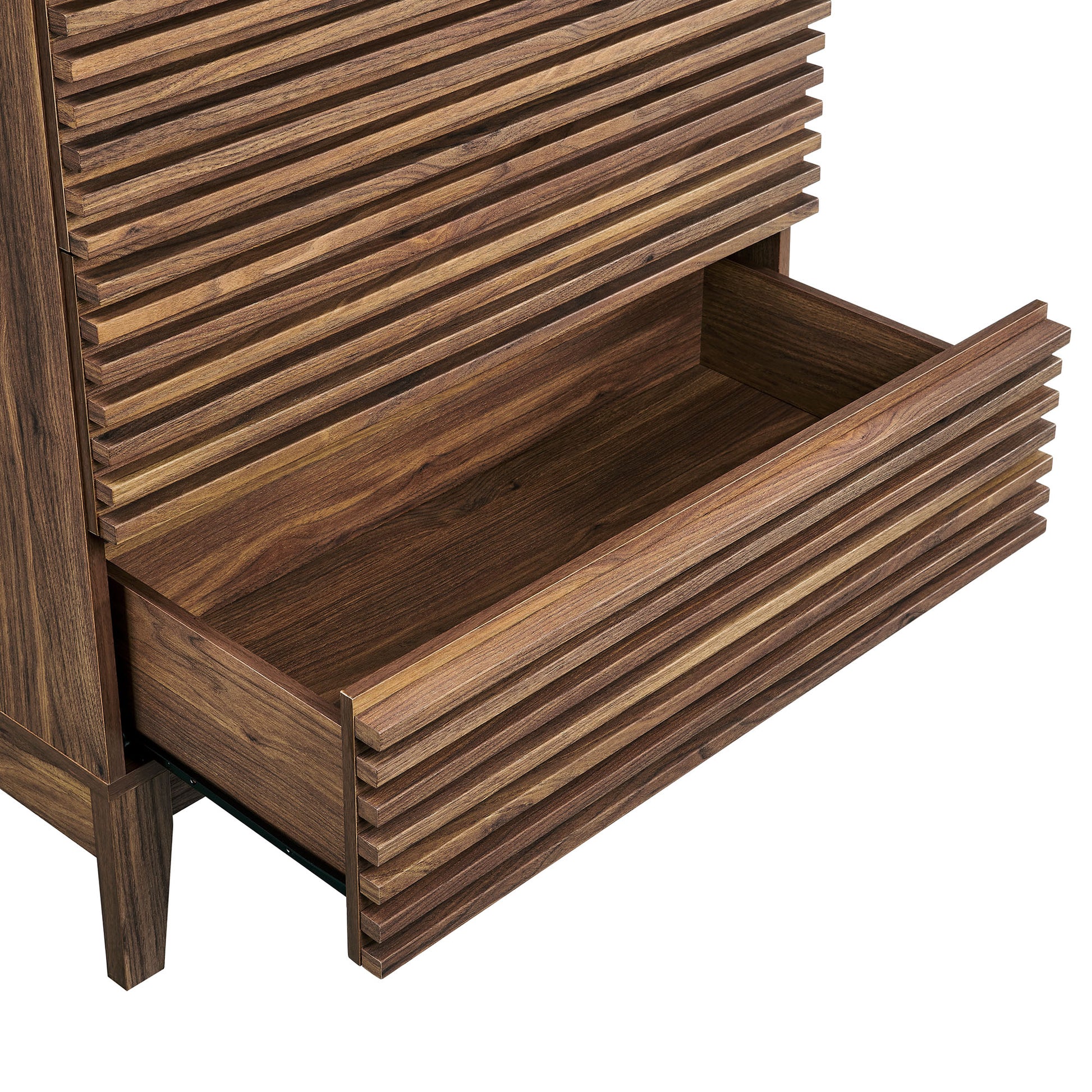 Walnut wood 4-drawer chest with one drawer pulled out, open to reveal grooved inner sides.