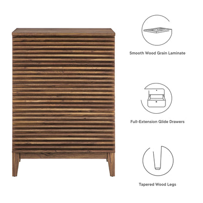 Walnut-finish slatted 4-drawer chest on tapered legs with smooth wood grain laminate and full-extension drawers.