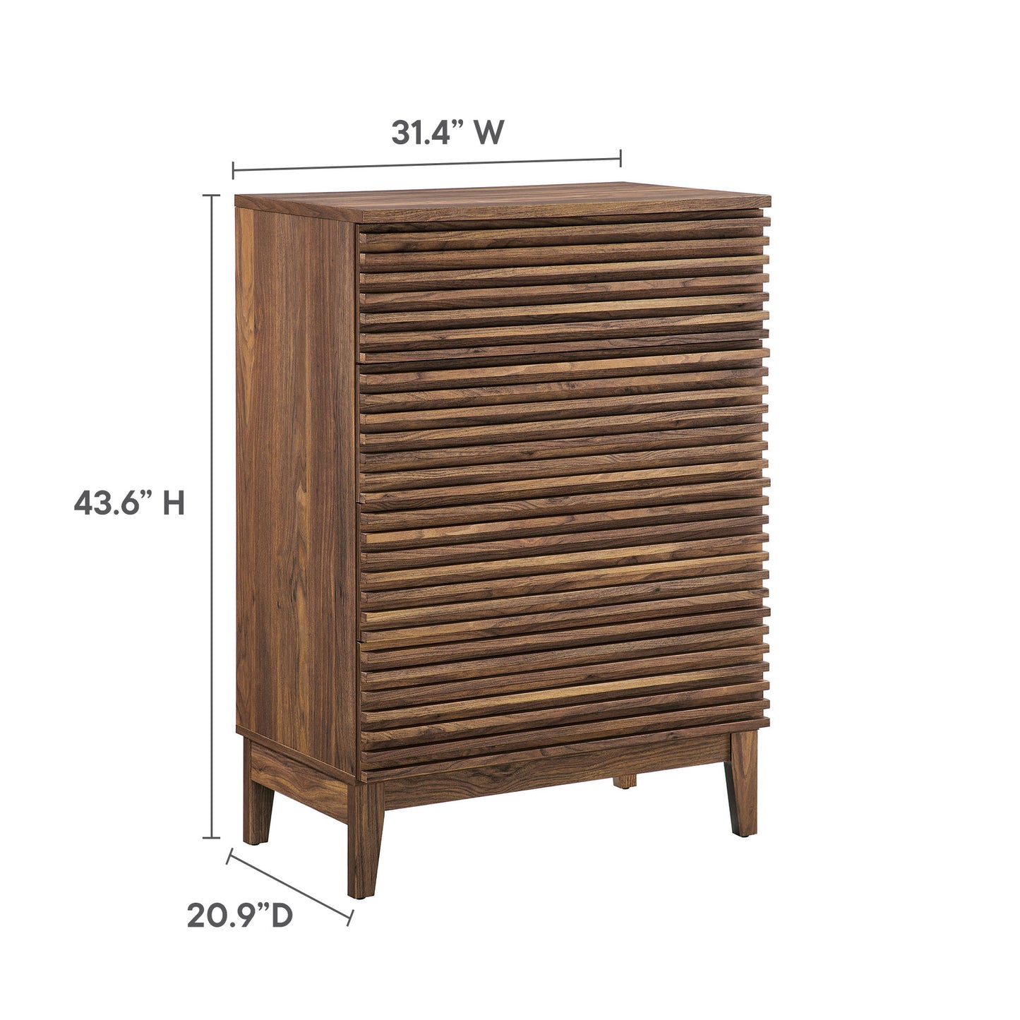 Walnut-finish 4-drawer chest with tapered legs in mid-century modern style.