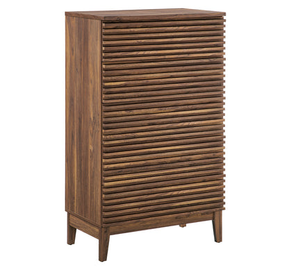 Brown walnut 5-drawer chest with clean lines and a wood-grain finish.