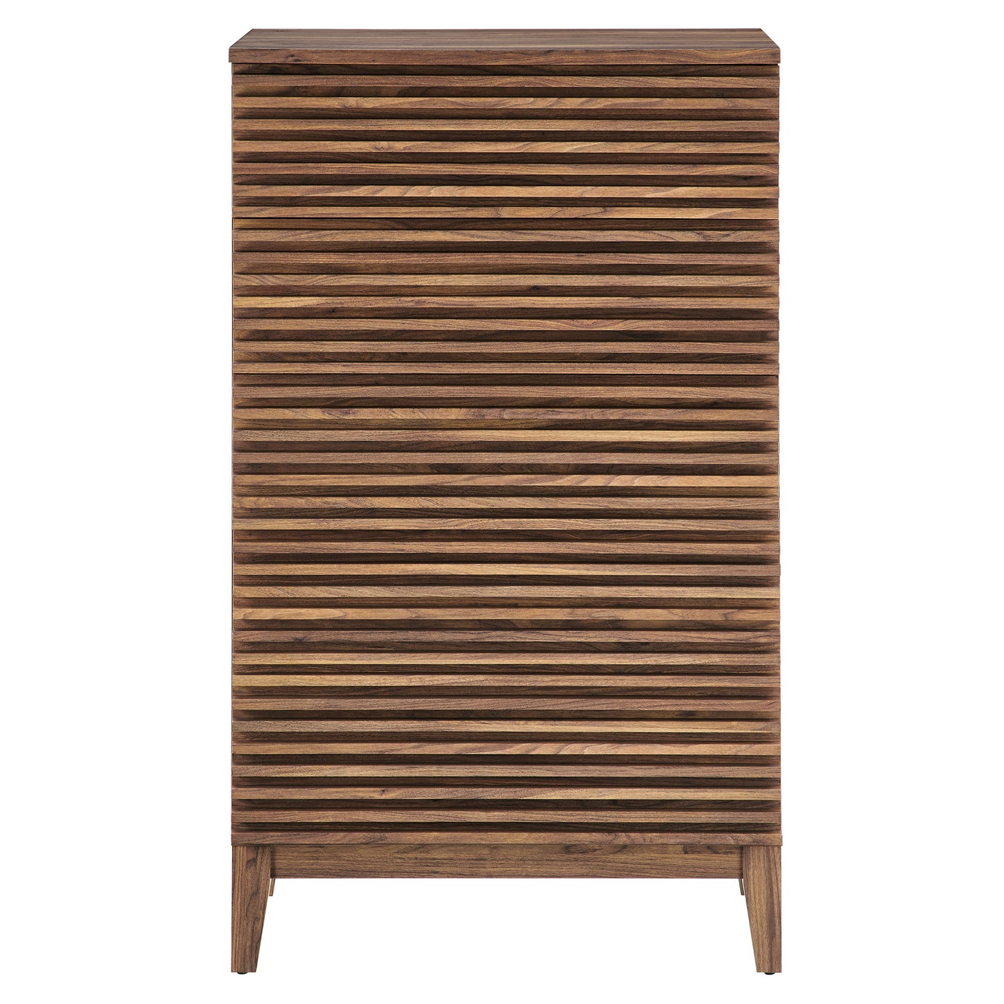 Walnut wood cabinet with horizontal slatted doors, midcentury modern tall rectangular storage on short legs.