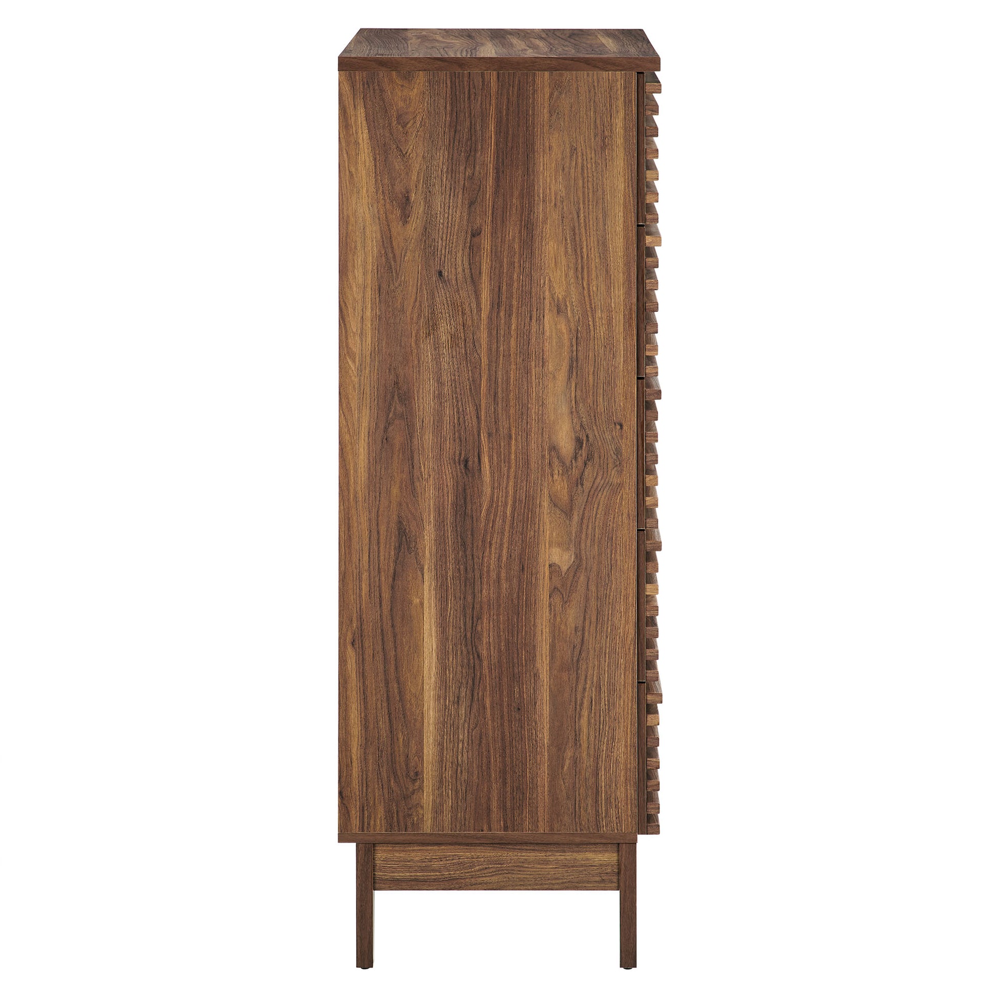 Walnut-finished tall mid-century storage cabinet on tapered legs with vertical wood grain.