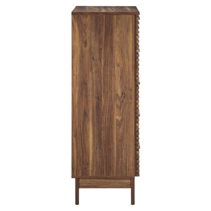 Walnut-finished tall mid-century storage cabinet on tapered legs with vertical wood grain.