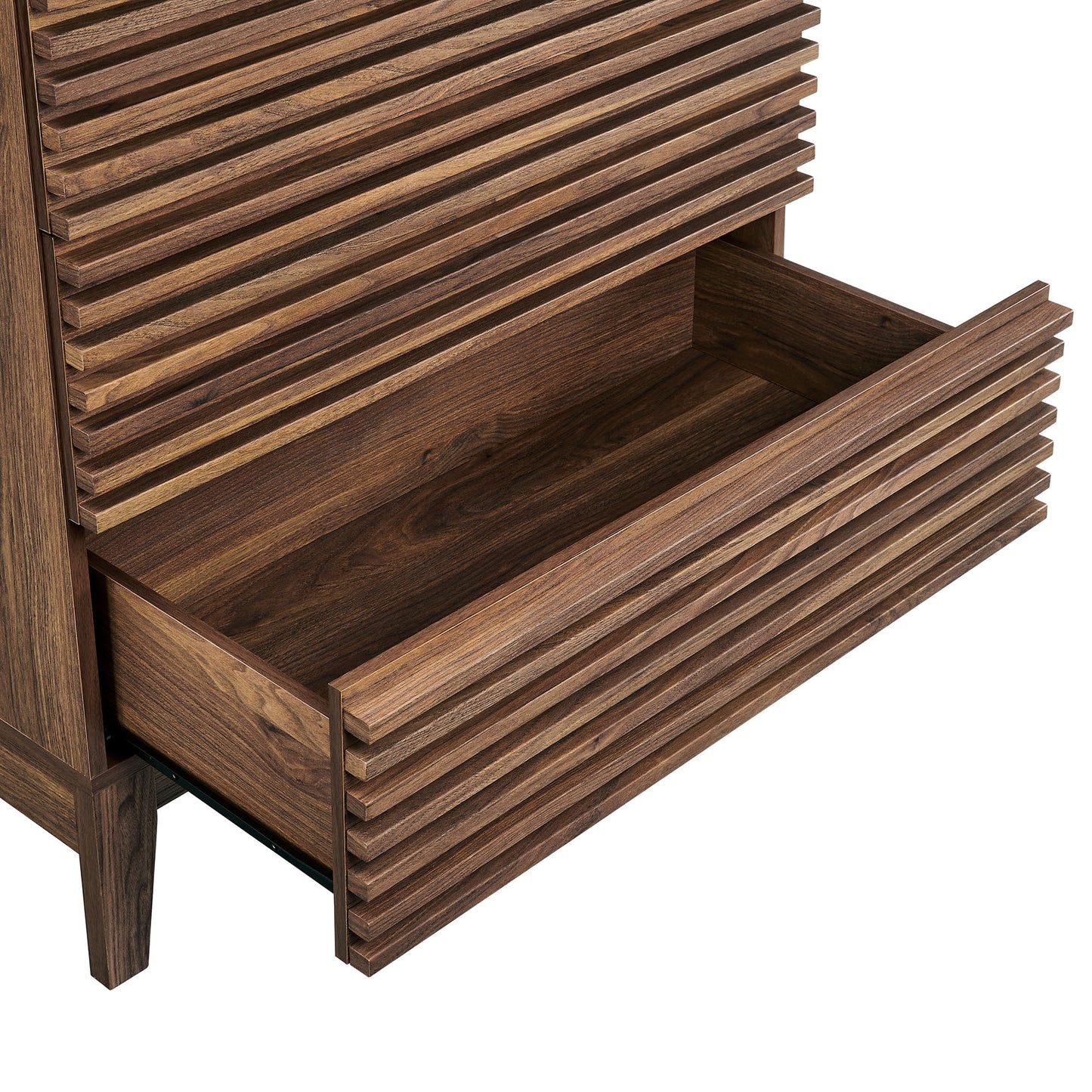 Walnut-finish five-drawer chest with horizontal slats and an open drawer, mid-century modern style.