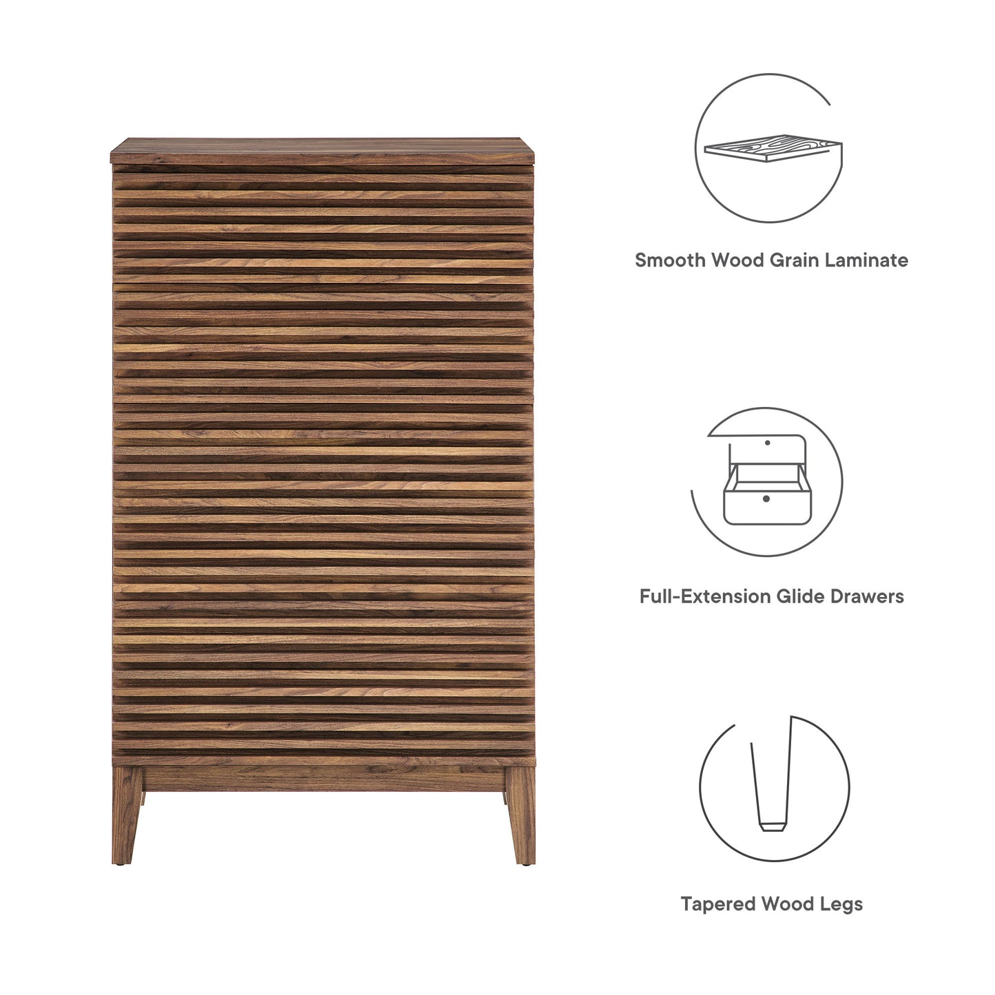 Tall walnut 5-drawer chest with smooth wood-grain laminate, tapered legs and full-extension glide drawers.