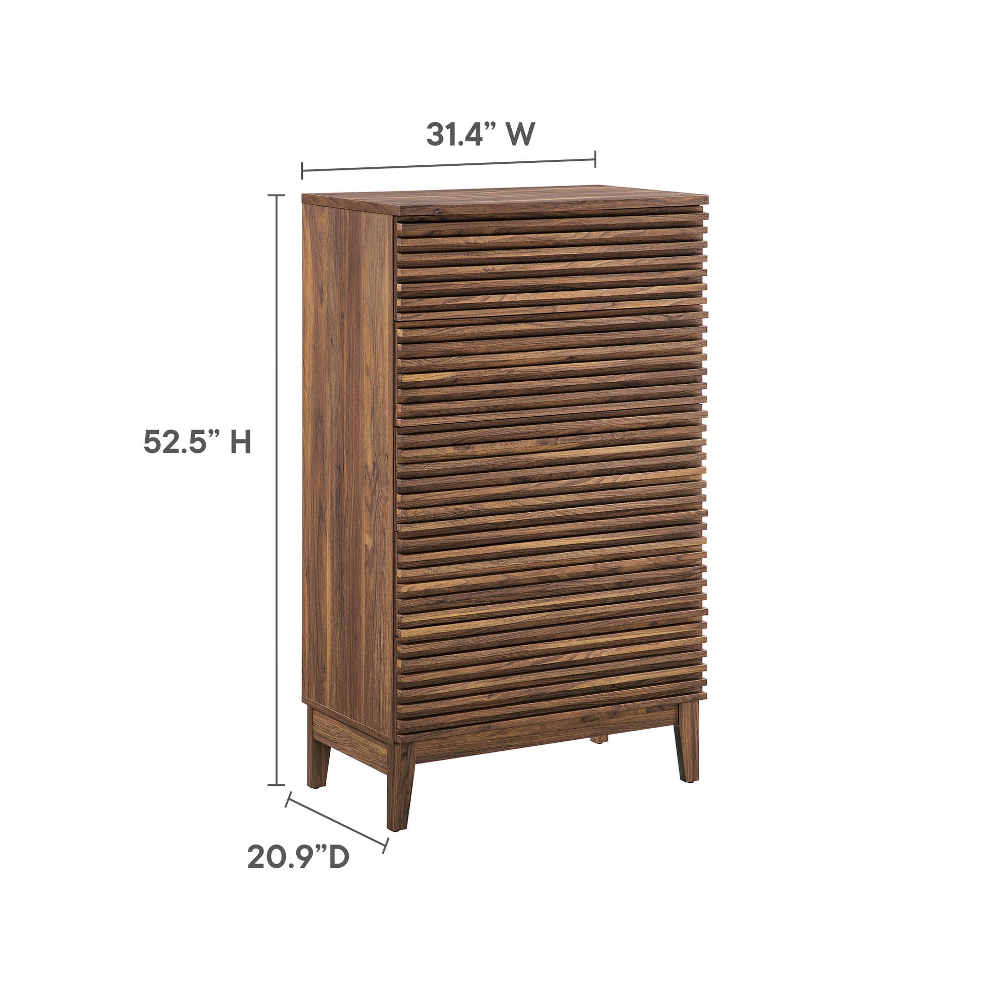 Walnut-finish tall cabinet with horizontal louvered front, 31.4W x 52.5H x 20.9D, tapered legs.