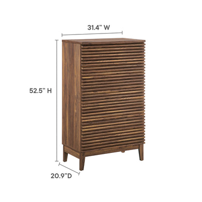 Walnut-finish tall cabinet with horizontal louvered front, 31.4W x 52.5H x 20.9D, tapered legs.