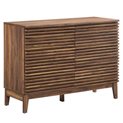 Walnut-finish wooden 6-drawer dresser with four tapered legs in a mid-century modern style.