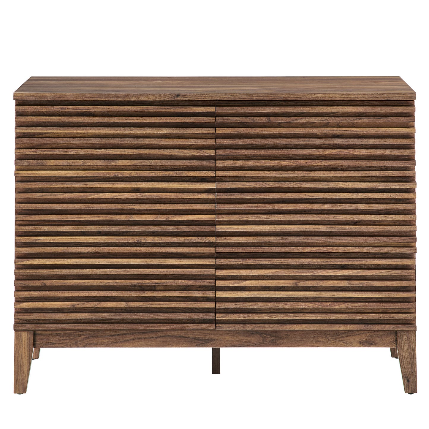 Walnut-finish dresser with six drawers on tapered legs.