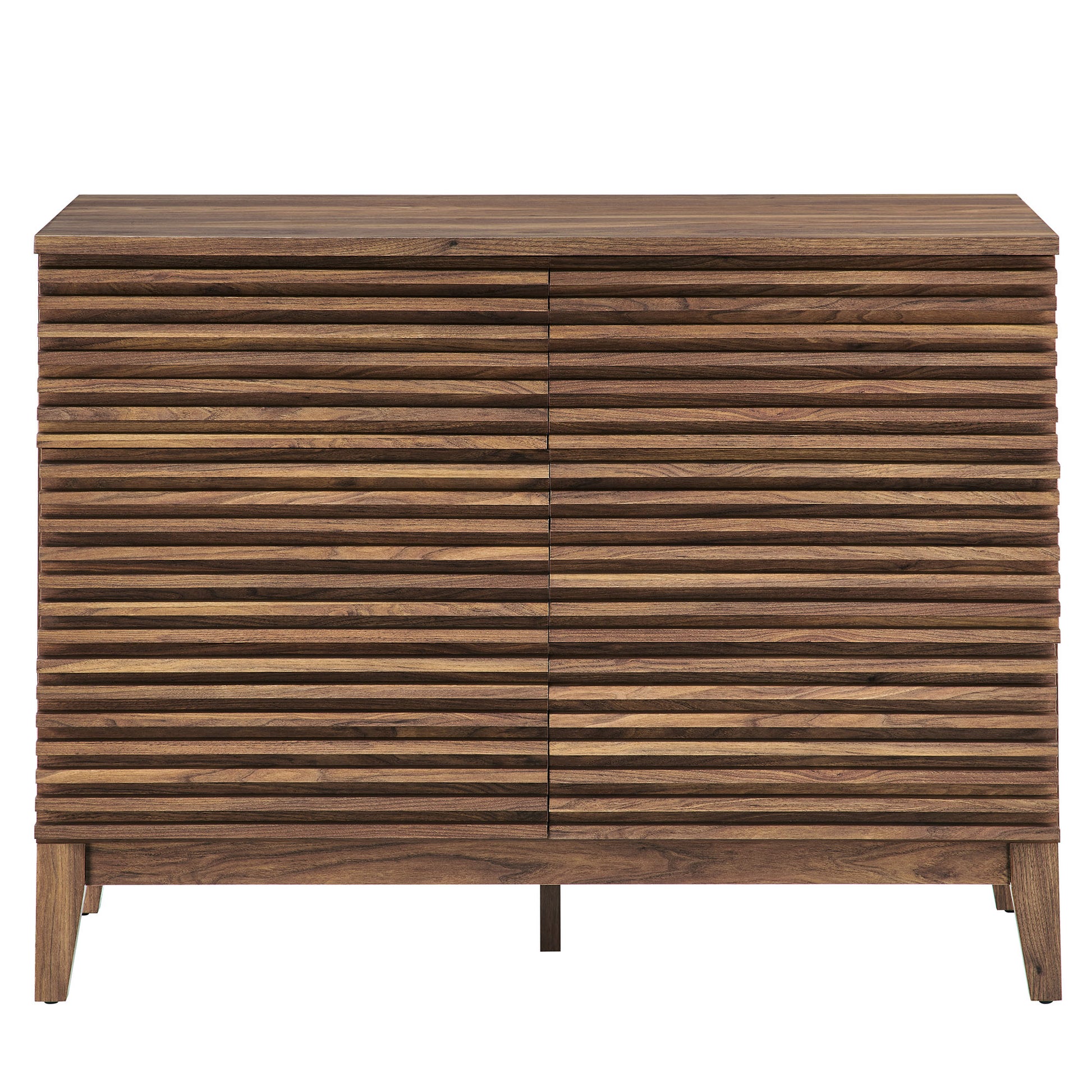 Walnut-finish dresser with six drawers on tapered legs.