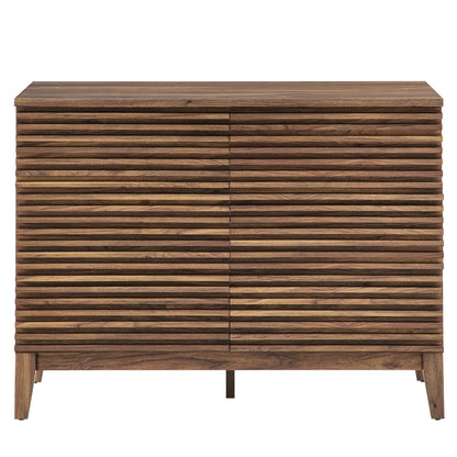 Walnut-finish dresser with six drawers on tapered legs.