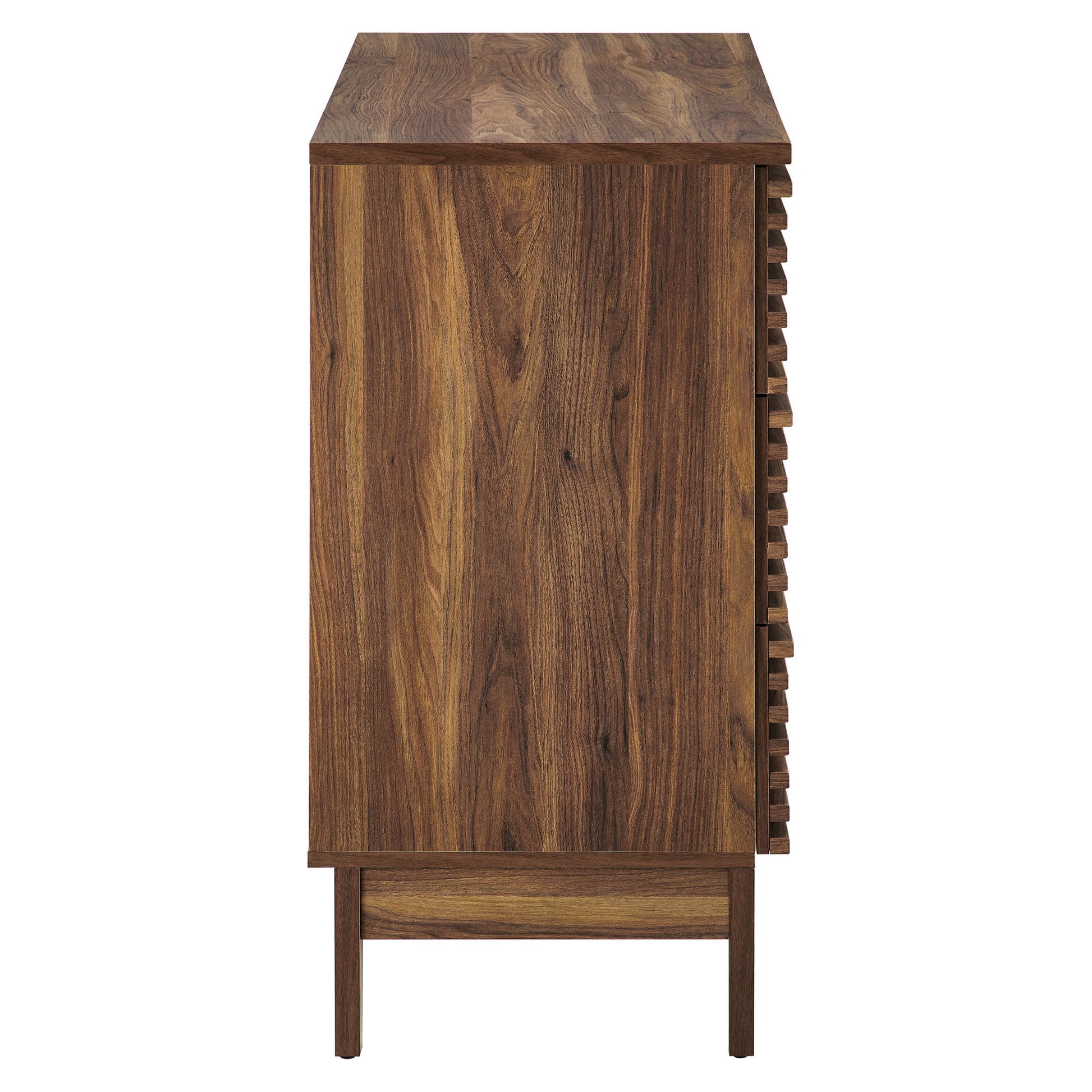 Walnut wood cabinet with side bottle rack, mid-century style, raised on tapered legs.