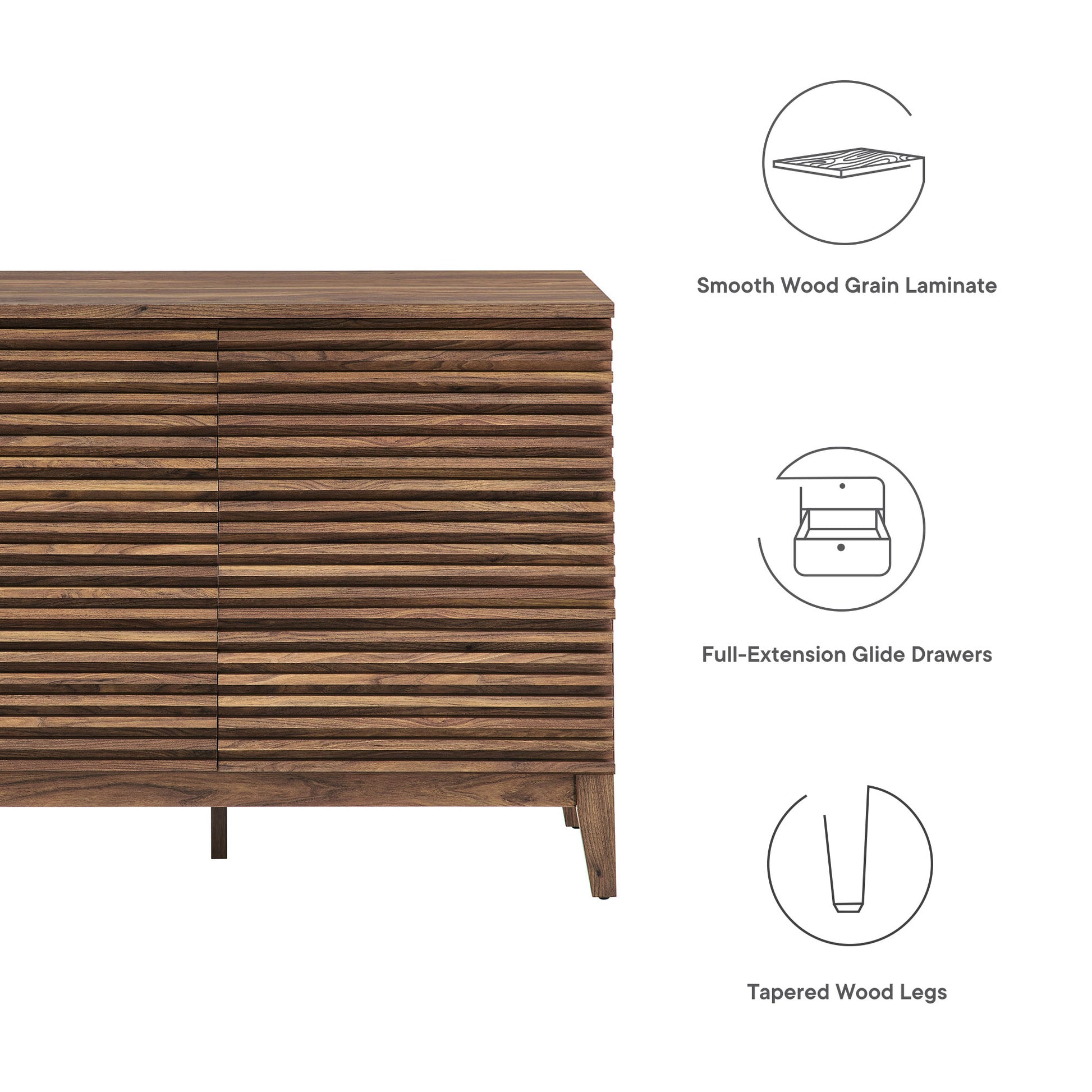 Walnut-finish mid-century 6-drawer dresser, tapered legs, smooth wood-grain laminate, full-extension drawers.