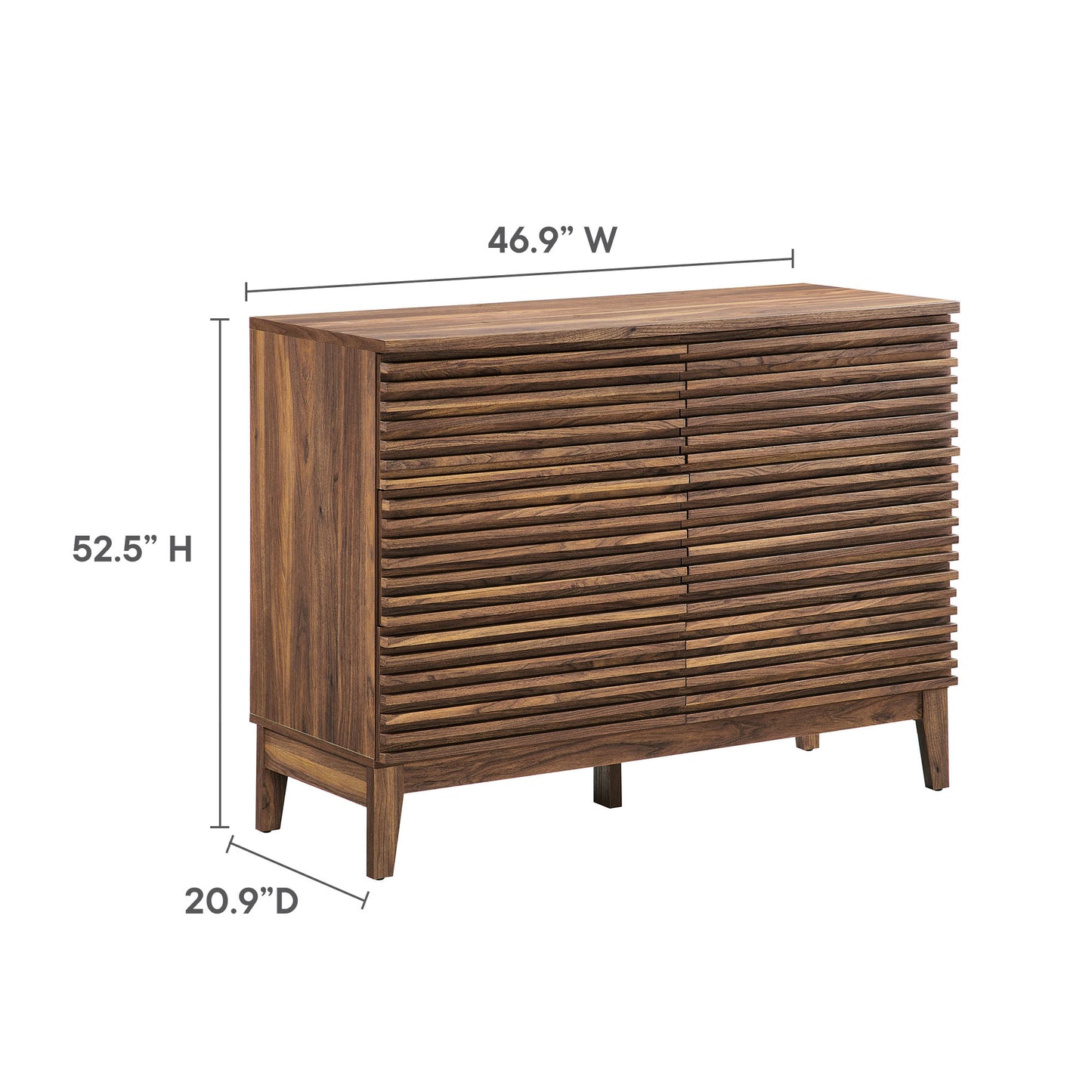 Walnut-finish wood dresser with 6 drawers, mid-century legs, 46.9W x 52.5H x 20.9D.