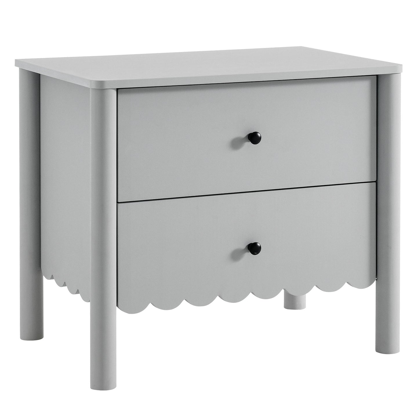 Gray two-drawer bedside table with scalloped apron, rounded legs, black knob pulls, wood finish.