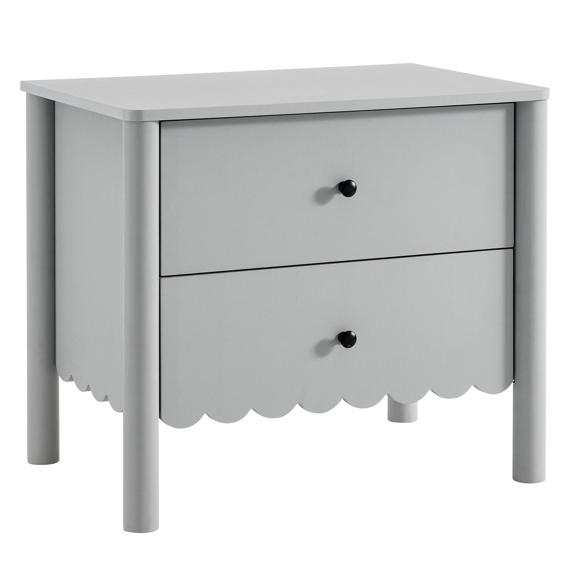 Gray two-drawer bedside table with scalloped apron, rounded legs, black knob pulls, wood finish.