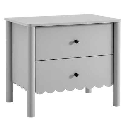 Gray two-drawer bedside table with scalloped apron, rounded legs, black knob pulls, wood finish.