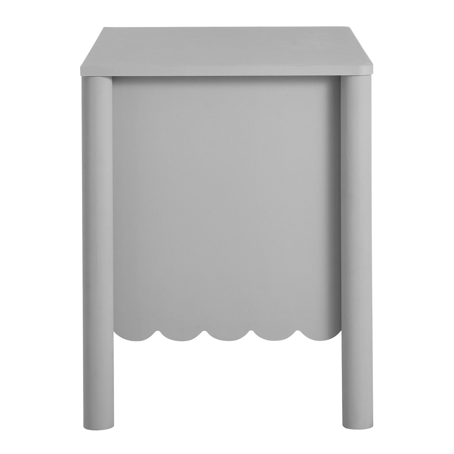 Light gray nightstand with two drawers, scalloped apron, flat top, and rounded legs.