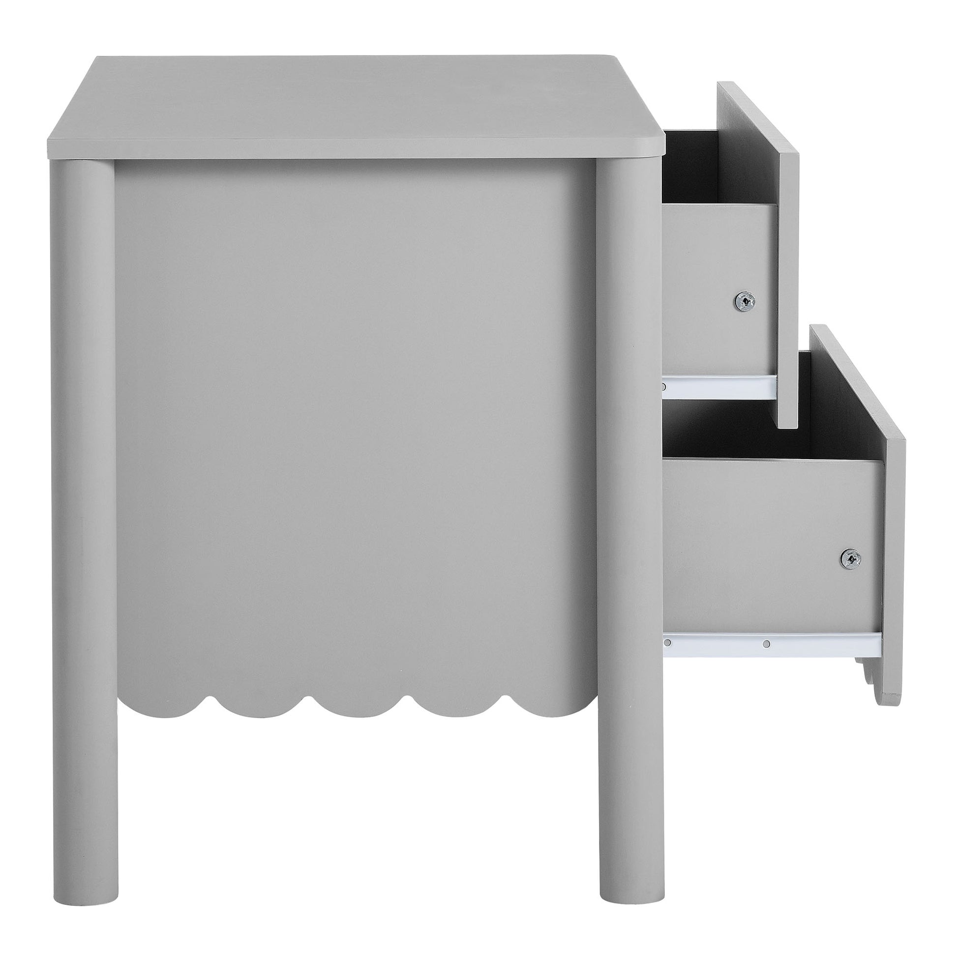 Light gray wooden nightstand with scalloped apron and two drawers.