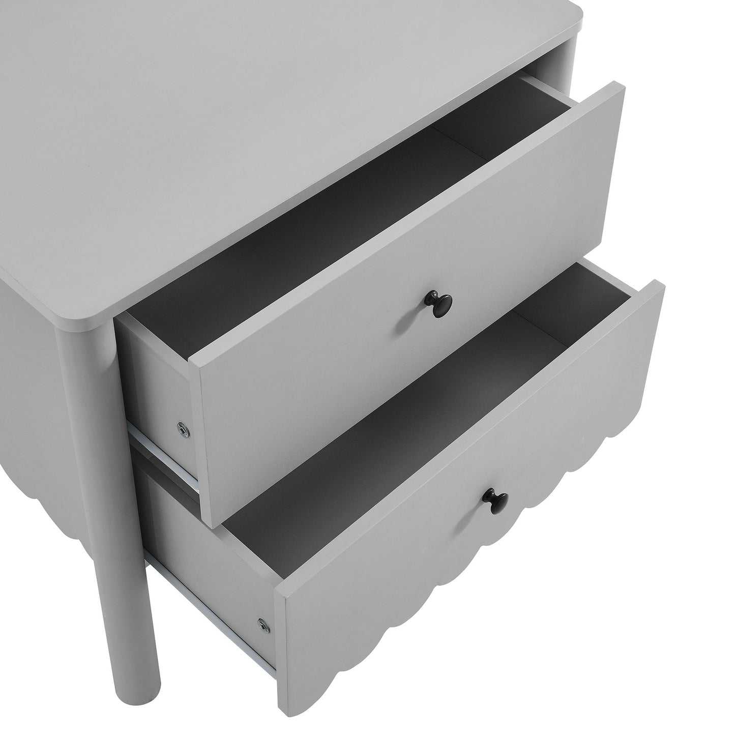 Light gray wooden nightstand with two drawers, black round knobs, scalloped sides, square top.