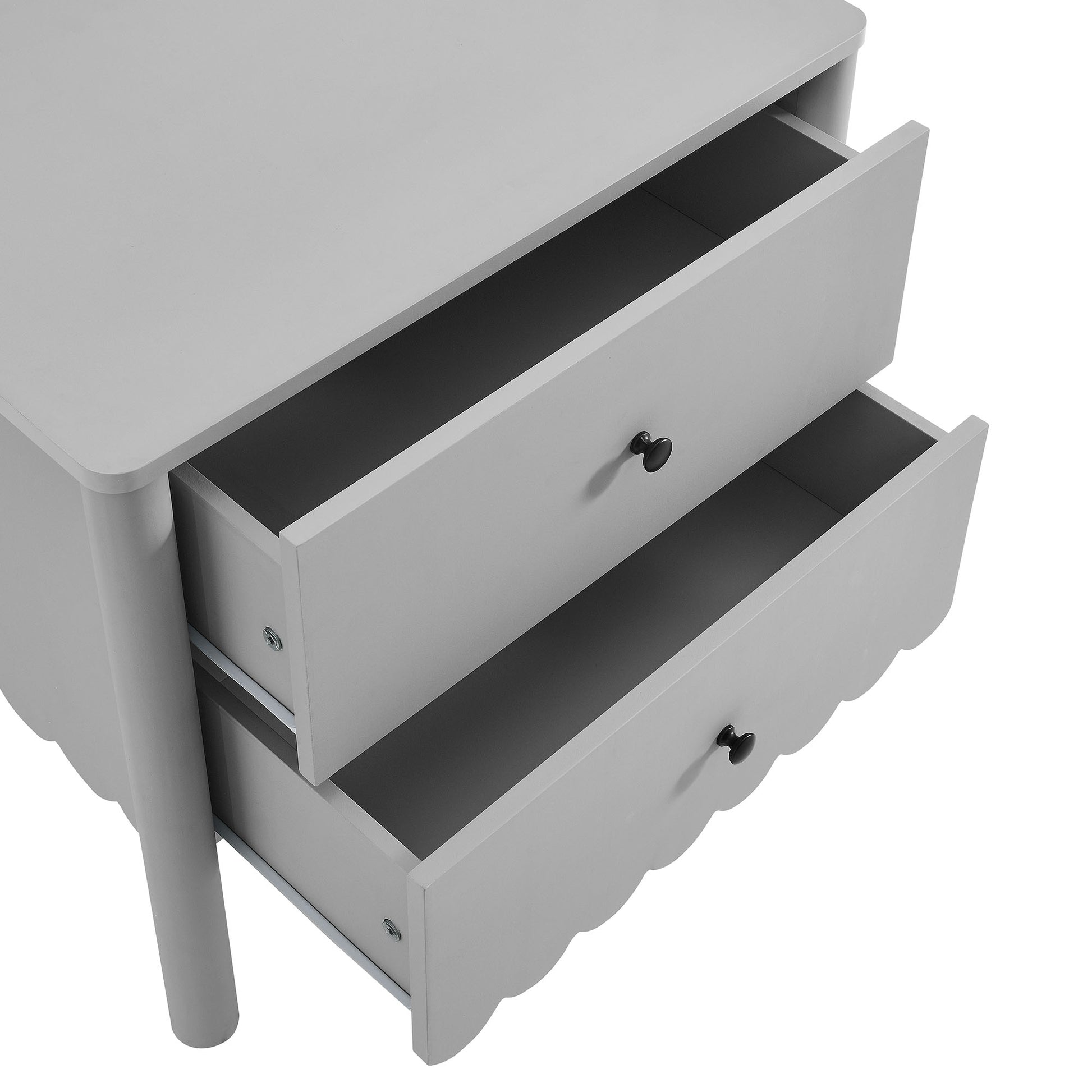 Light gray wooden nightstand with two drawers, black round knobs, scalloped sides, square top.