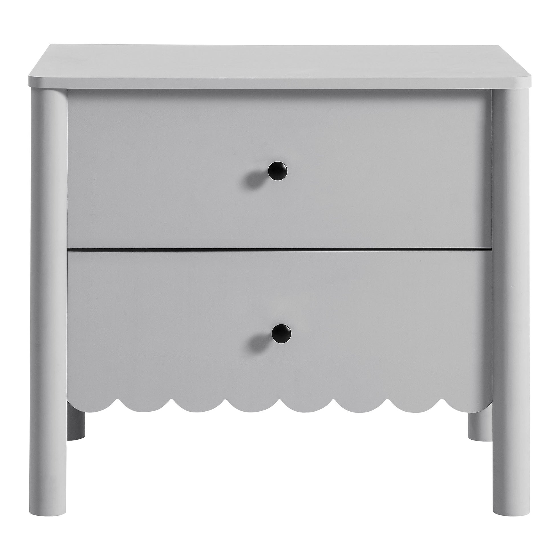 Light gray two-drawer nightstand with scalloped apron, round black knobs, and cylindrical legs.