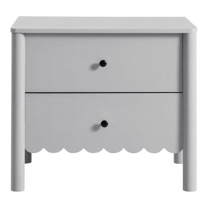 Light gray two-drawer nightstand with scalloped apron, round black knobs, and cylindrical legs.