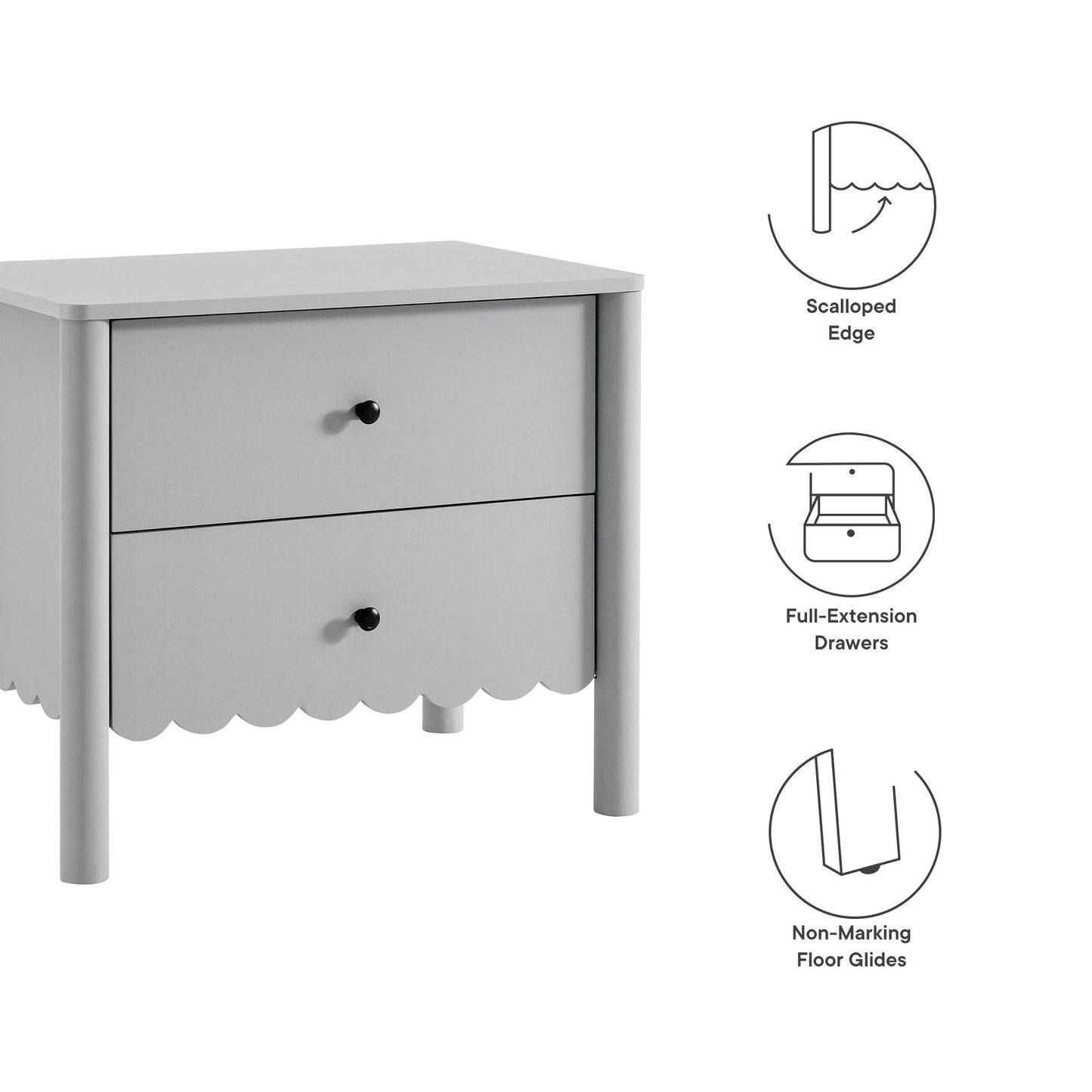Gray two-drawer nightstand with scalloped apron and rounded legs; modern cottage bedside table with full-extension drawers.