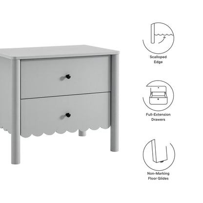 Gray two-drawer nightstand with scalloped apron and rounded legs; modern cottage bedside table with full-extension drawers.