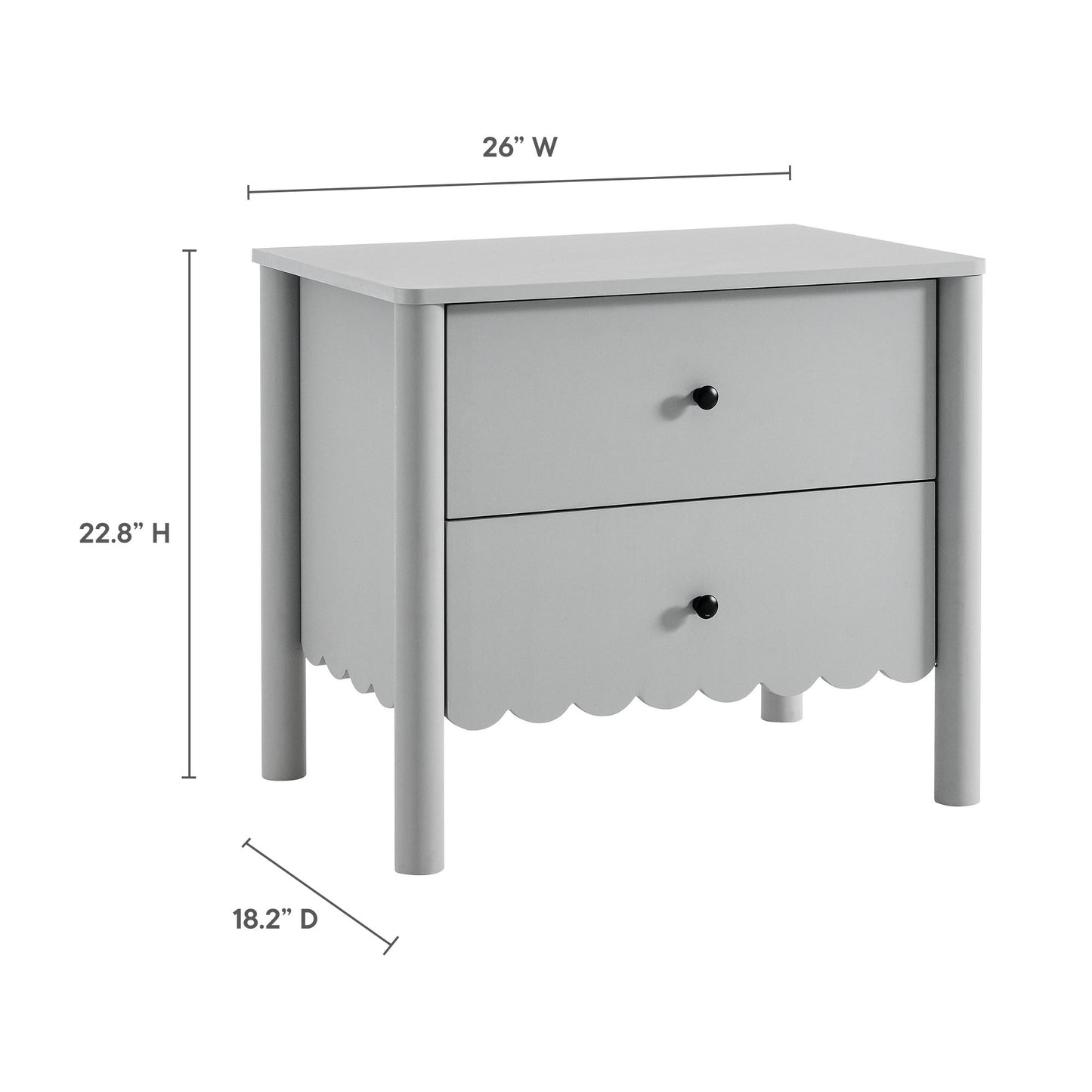 Light gray wood nightstand with two drawers, scalloped apron, round knob pulls, cylindrical legs, 26W x 22.8H x 18.2D.