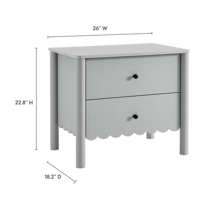 Light gray wood nightstand with two drawers, scalloped apron, round knob pulls, cylindrical legs, 26W x 22.8H x 18.2D.